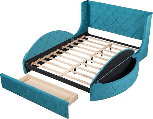 Miniatura 4 de QVUUOU Queen Size Upholstered Platform Bed Bedroom Furniture Pine Wood Bed Frame with Drawer Side Storage Stools and Velvet Wingback Headboard for