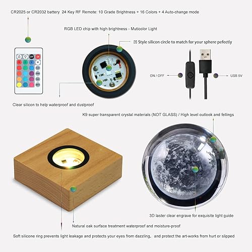 Miniatura 2 de MYOUKE Luz nocturna multicolor de bola de cristal 3D, 3.15 pulgadas, esfera grabada, astronomía, luna, para interiores, bonito regalo para