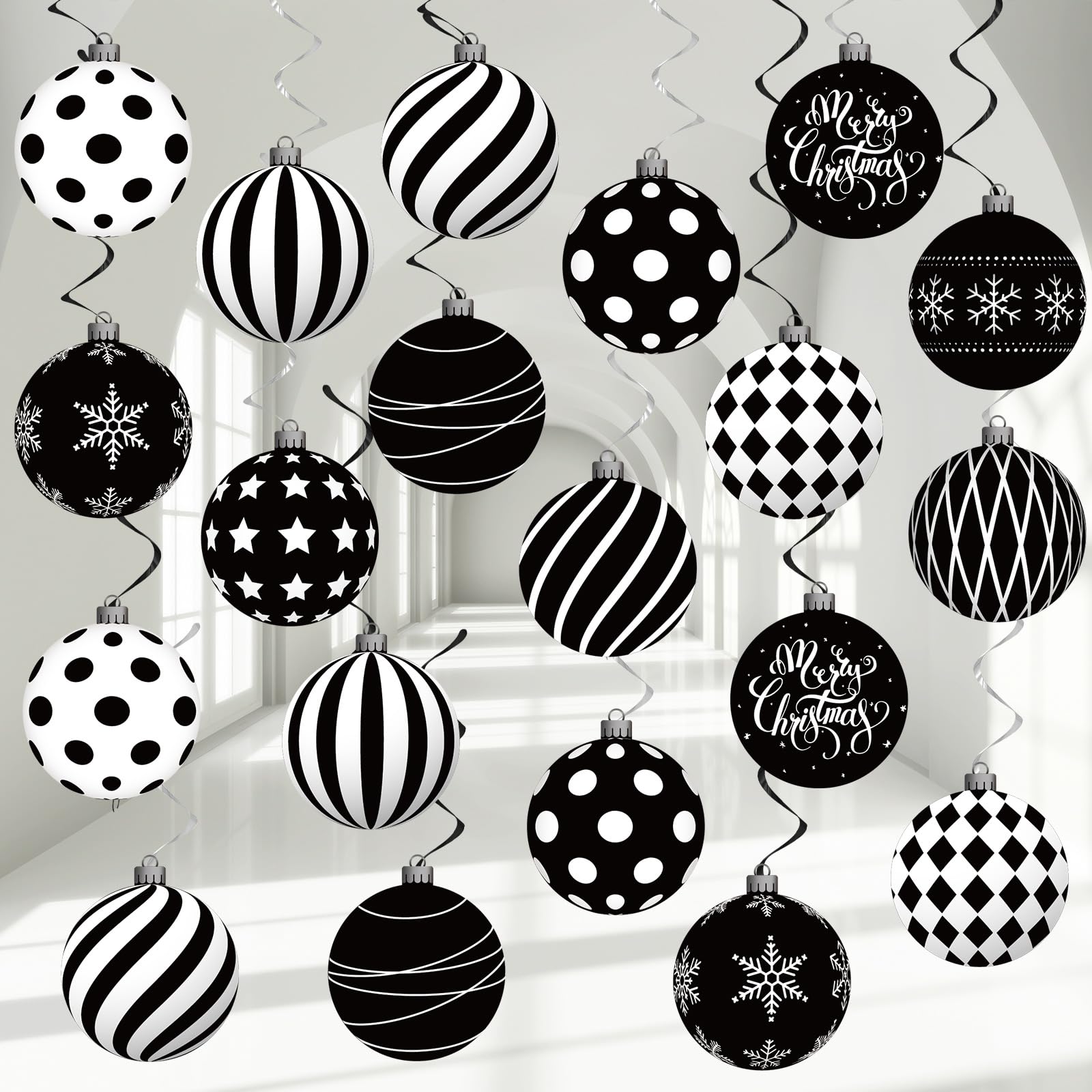 CHUNNIN 72PCS Christmas Ball Hanging Swirl Decorations Merry Christmas Peppermint Black and White Ornament Xmas Candy Ceiling Streamers Winter Snowflake Paper Cutouts for Indoor Holiday Party Supplies