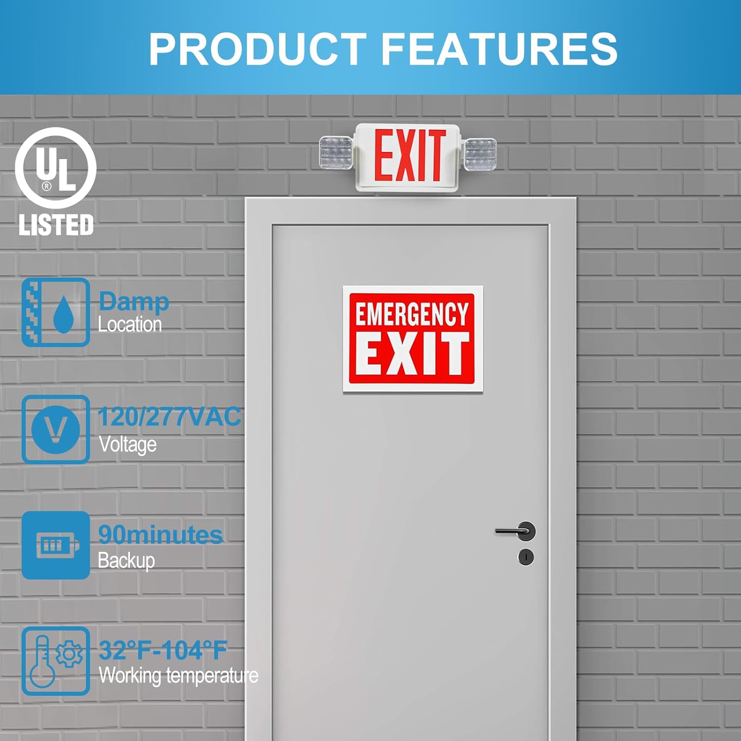 Double Sided LED Emergency EXIT Sign, Remote Capable, Two LED Flood Lights, Backup Battery, US Standard Red Letter, Commercial Grade, 120-277V, FireResistant(UL 94V-0) (1 Pack)