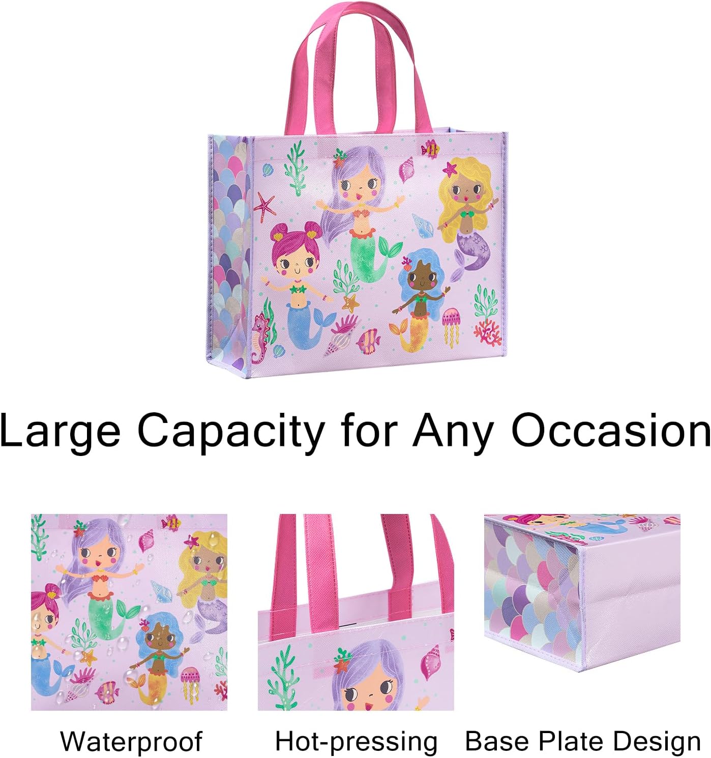 Loveinside 13" Large Birthday Reusable Gift Bag, Cute Mermaid Ocean Theme Design, Recycled Party Favor Gift Bag with Handles for Girls, Kids Birthday, Party Supplies, 13" x 5" x 10", 1 Pcs image 2
