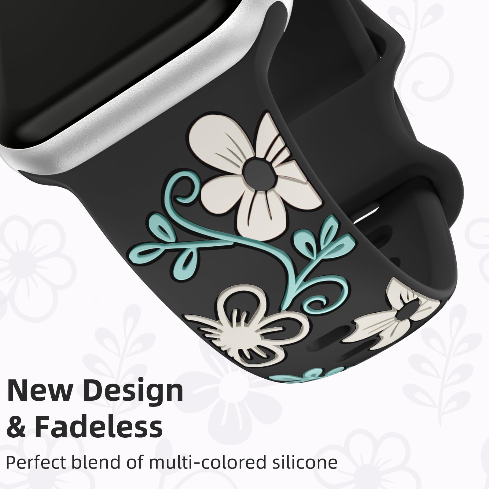 Witzon Correa floral compatible con correas de Apple Watch para mujer de 40 mm, 41 mm, 38 mm, 42 mm, 44 mm, 45 mm, 46 mm, 49 mm, correa de silicona grabada con bonitas flores para iWatch Series 10, 9