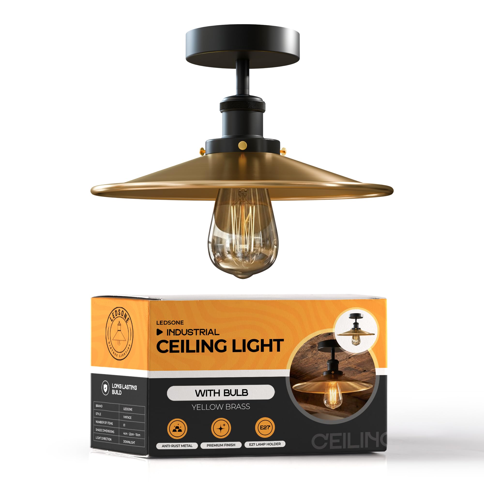 LEDSone Industrial Ceiling Light E27 Flush Mount Metal Brass Shade Lamp