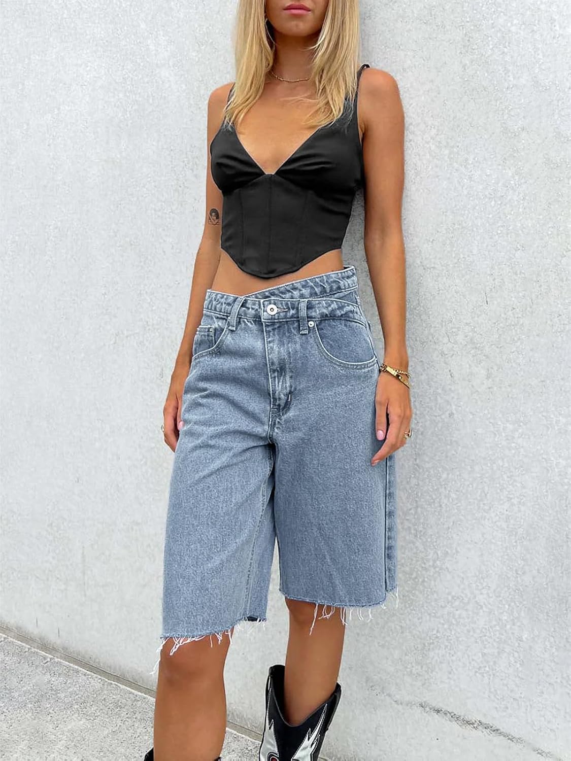 PLNOTME Womens Crossover Denim Shorts Summer Asymmetrical High Waisted Straight Leg Jean Shorts