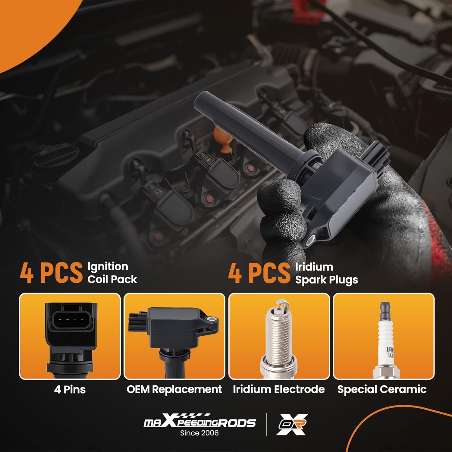 maXpeedingrods UF656 Ignition Coil 93501 Spark Plug for Mazda L4 2.0L/2.5L Engine, for Mazda 3 2012-2020, for Mazda 6 2014-2019, CX-5 2014-2020, CX-3 2016-2019, 3 Sport 2014-2018 (Set of 4)