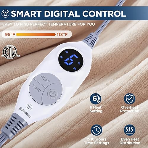 Miniatura 5 de Manta eléctrica Westinghouse con función de manta térmica, super suave y acogedora de franela 50 x 60 pulgadas con 6 niveles de calentamiento rápido