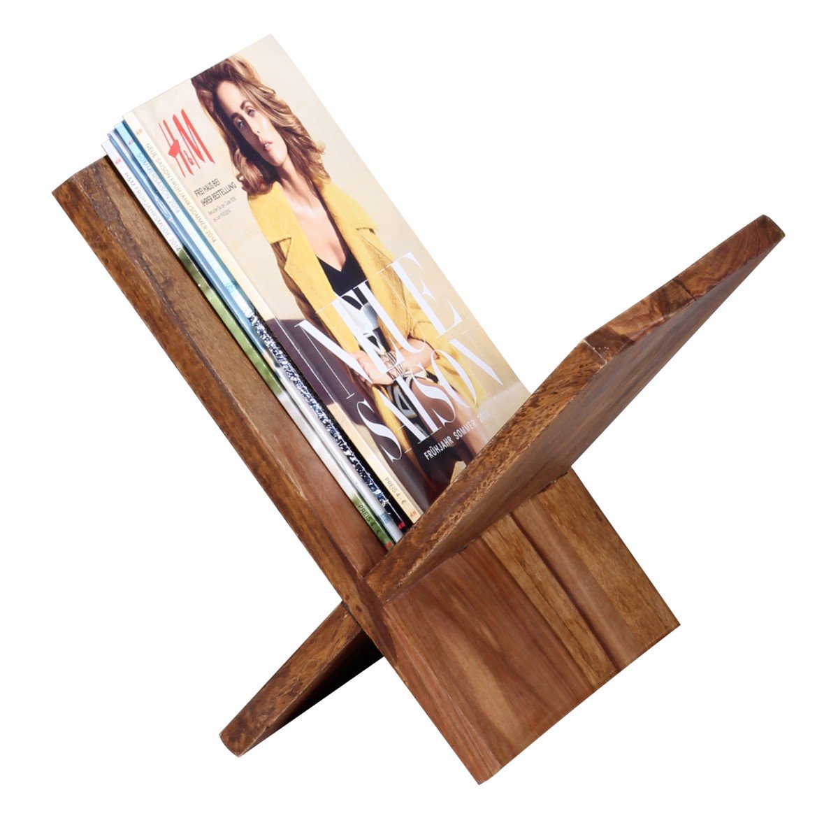 FineBuy Zeitungsständer Sheesham Massivholz X-Form 31 cm Zeitschriftenständer Design Prospekthalter Landhaus Buchständer Braun