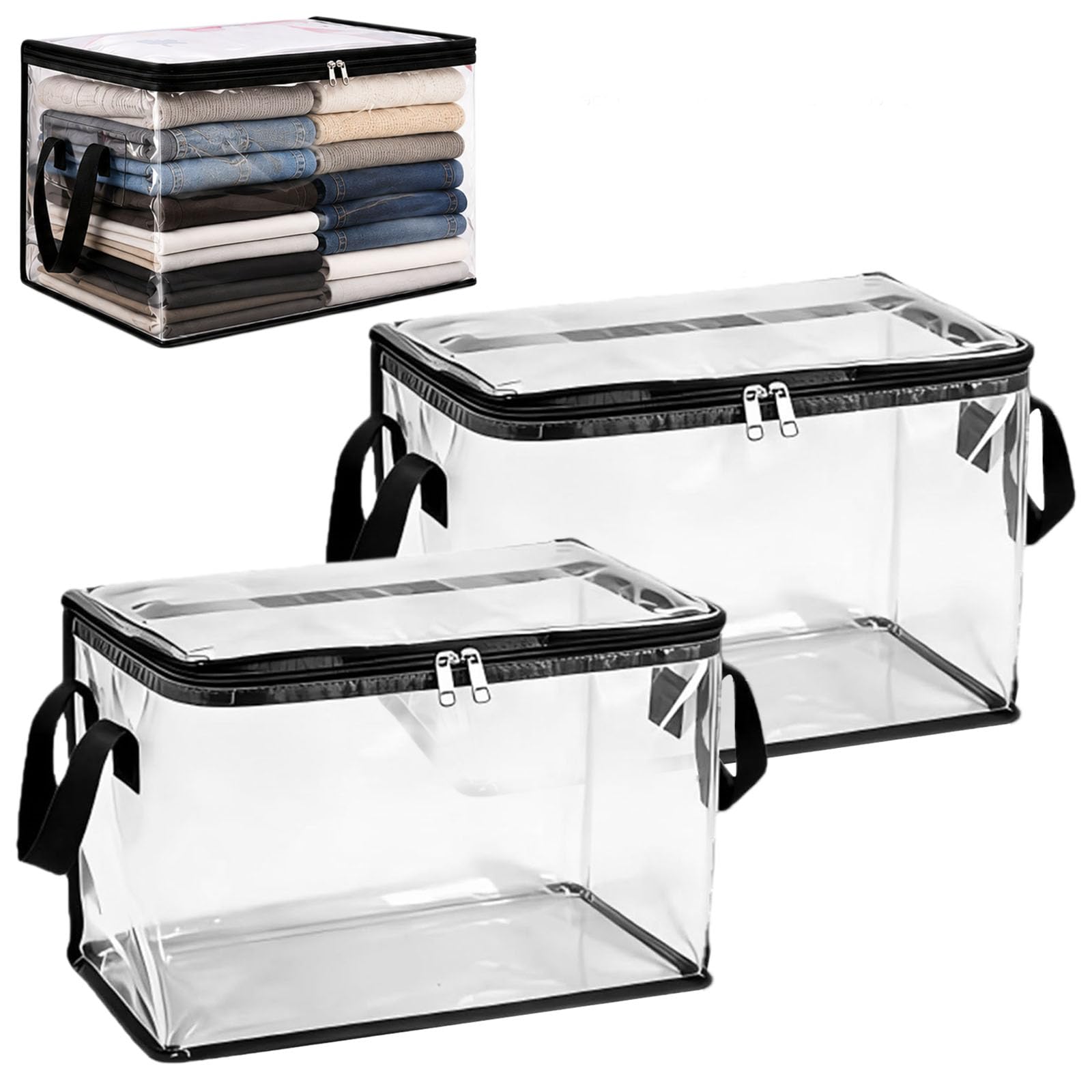 Large Heavy-Duty Thick Plastic Clear Storage Bag for Clothes, Moving & Storage, Massive Capacity Stackable Foldable Clear Moving Totes with Reinforced Handles & Zipper (2pcs)