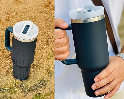 Miniatura 3 de SEDBRÖS Vaso de acero inoxidable de 40 onzas con asa y pajita, taza de café de viaje con tapa, taza reutilizable aislada con tapa y pajita, vaso