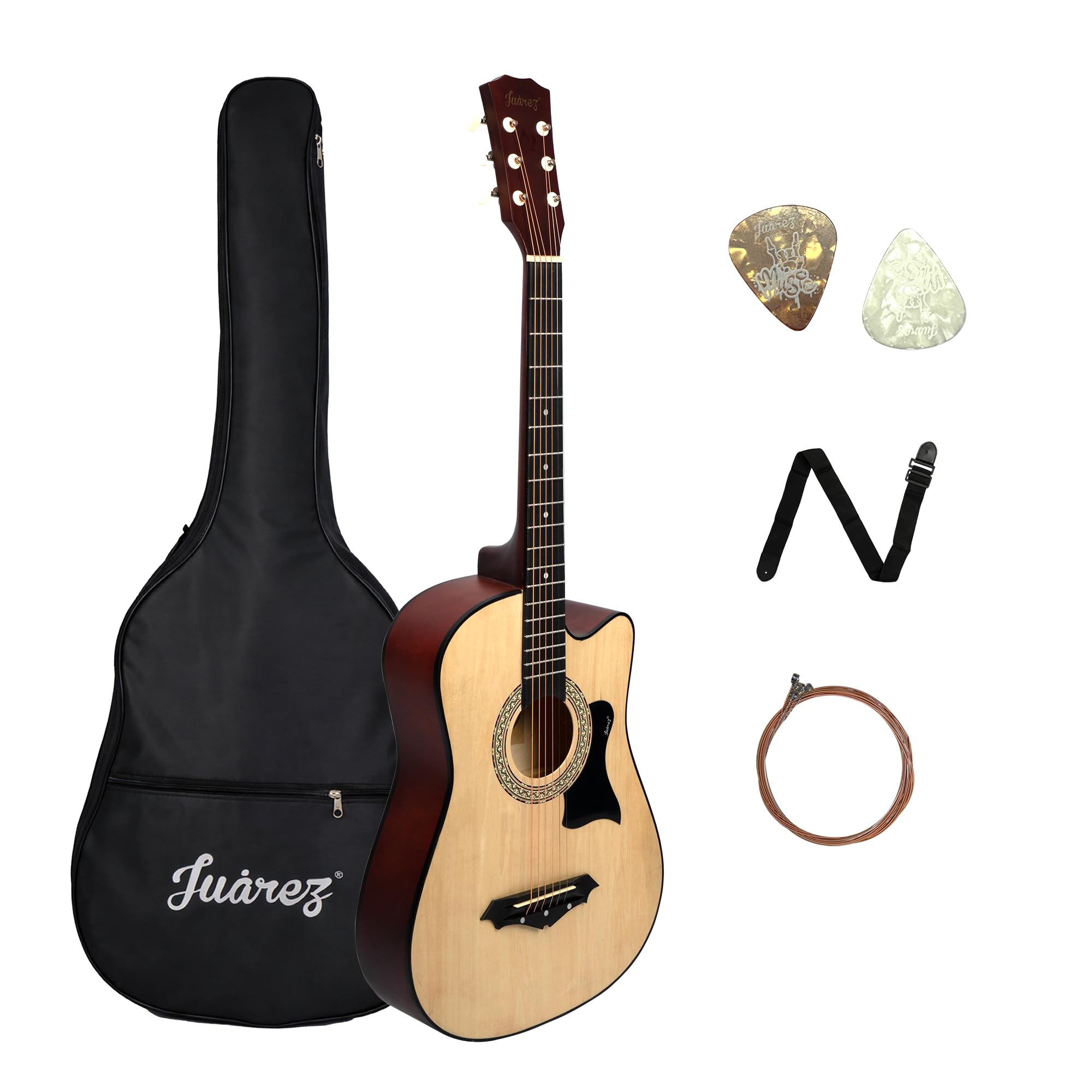 JUAREZ 38 Inch Cutaway Acoustic Guitar Kit with Pick Guard | ABS Neck & Fingerboard | Linden Wood Body | Steel Strings | Natural Khaki | Guitar Bag, Strap, Picks & Spare Strings, JRZ38CAB-NAT-KIT-image-27