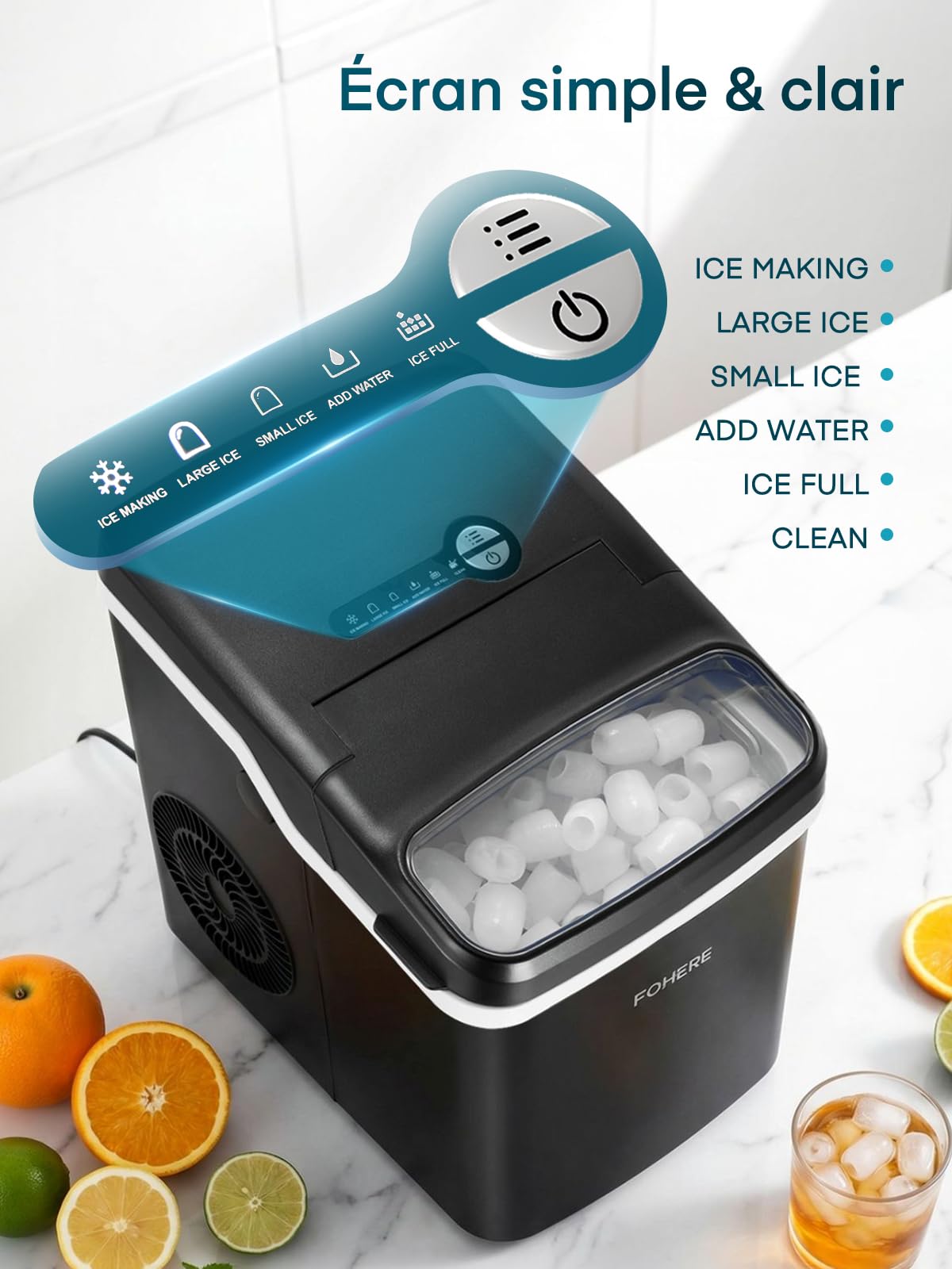 FOHERE Machine à Glaçons de Comptoir, 9 Glaçons en 5 Min, Capacité 14KG/24H, Machine a Glacons Compacte avec Fonction d’Auto-Nettoyage, 2 Tailles de Glaçons pour Maison, Cuisine, Camping, Bureau