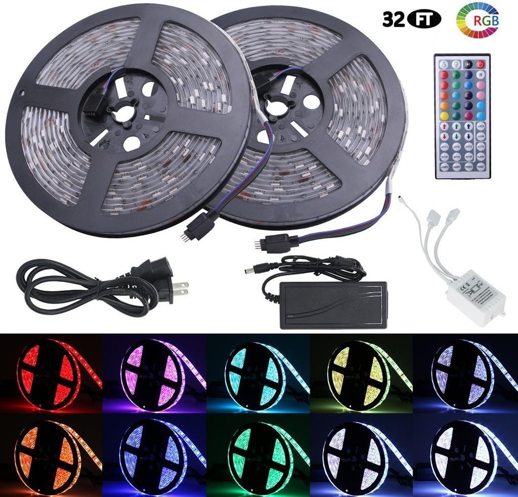 Led Strip Lights, Waterproof Flexible RGB Led Strip Light Kit, SMD 5050 300leds with 44key IR Controller and 12V 5A Power Supply for Bedroom Kitchen Home Decor Trucks Pools Parties etc. 32.8ft(10m)