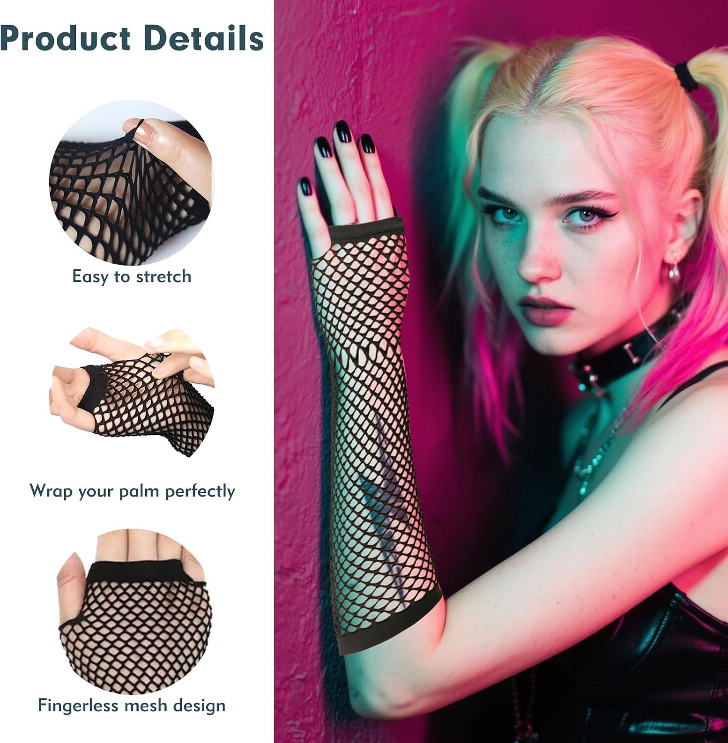 2 Pairs Long Fishnet Gloves, Stylish Fingerless Gloves for Women, Emo Goth Punk Black mesh glove for Theme Parties, Band Performances