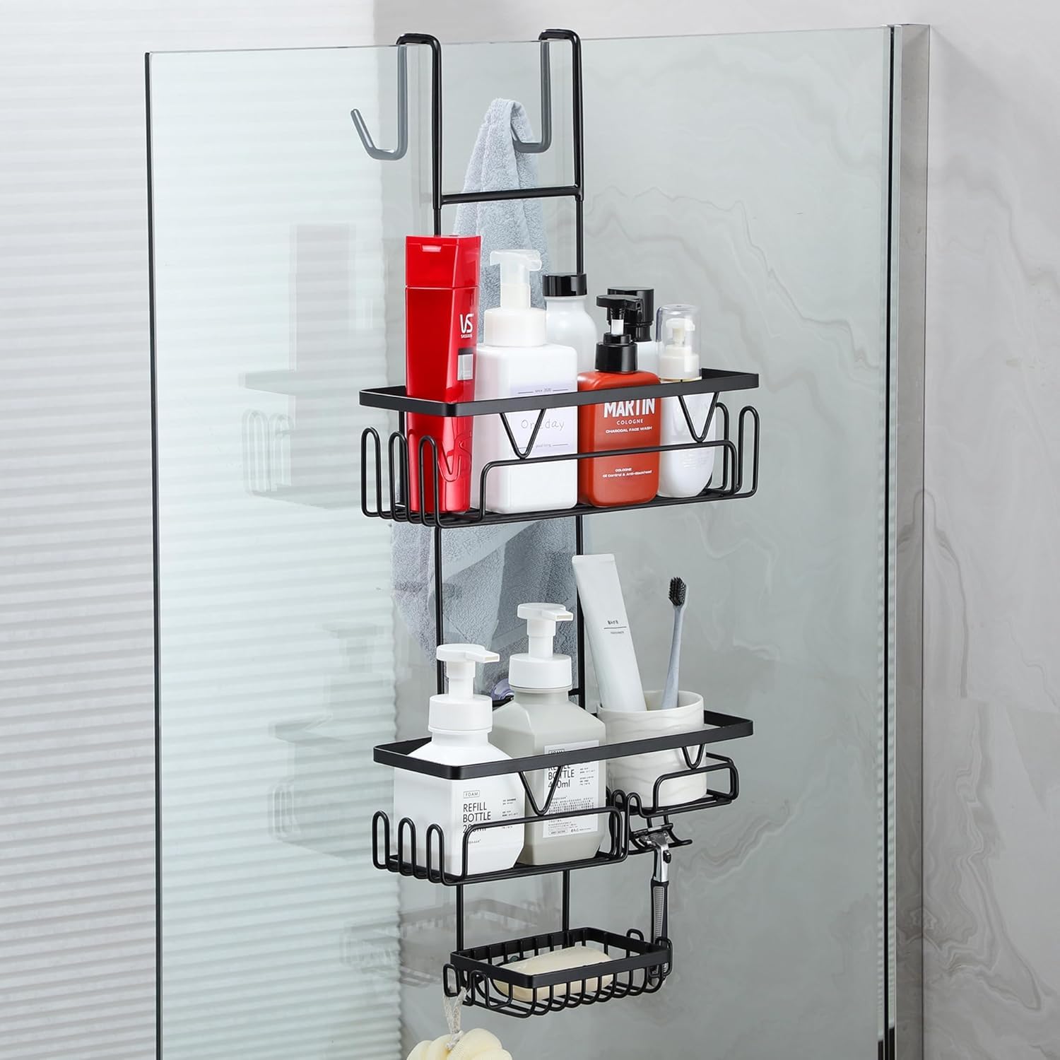 Kegii Hanging Shower Caddy - Over Door Rack, Bathroom Storage Organiser With Soap Holder, No Drill Shelf, Black Accessories
