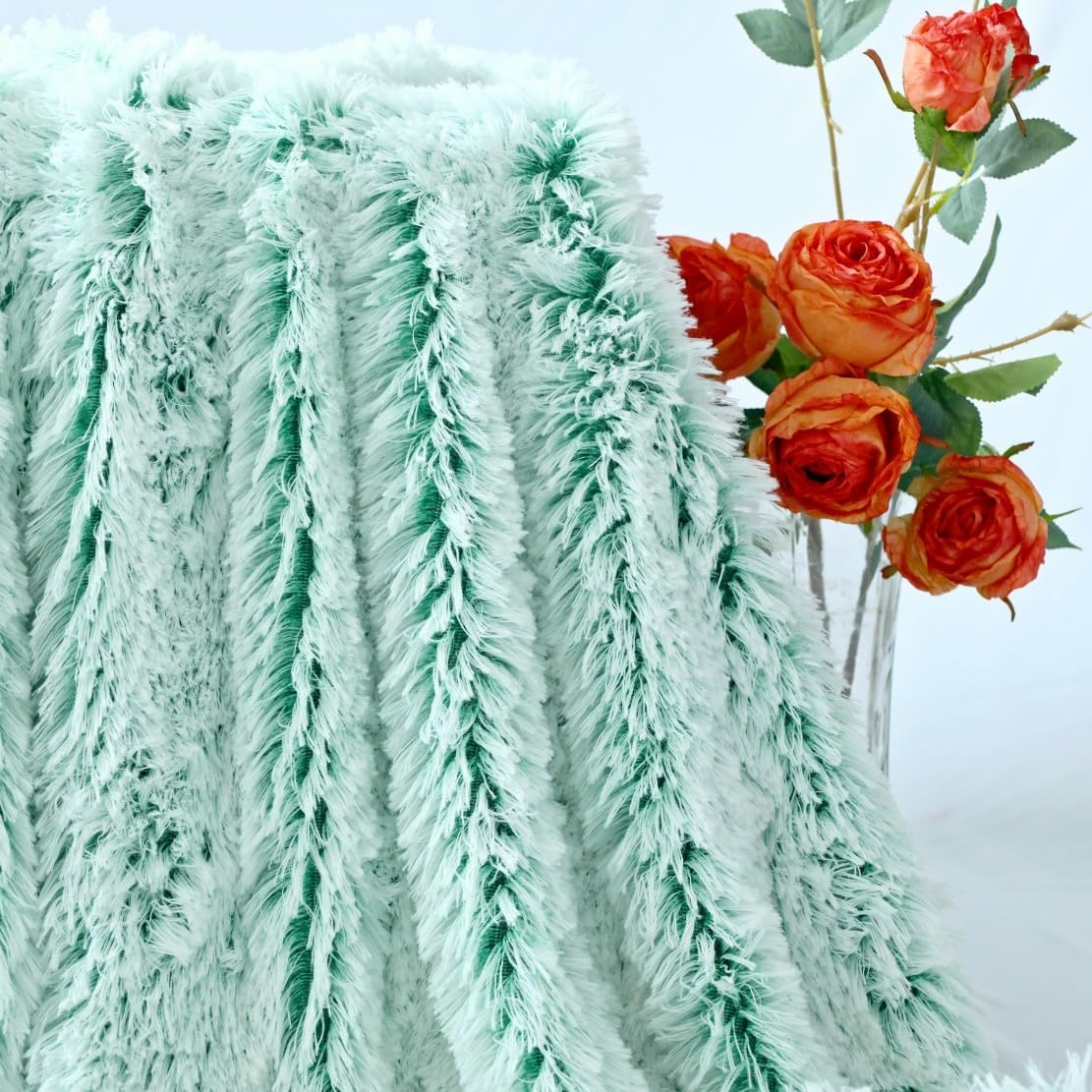 Plush Super Soft Blanket Bedding Sofa Cover Furry Fuzzy Fur Warm Throw Qulit Cozy Couch Blanket for Winter (51"x63",Green and White) - Image 3