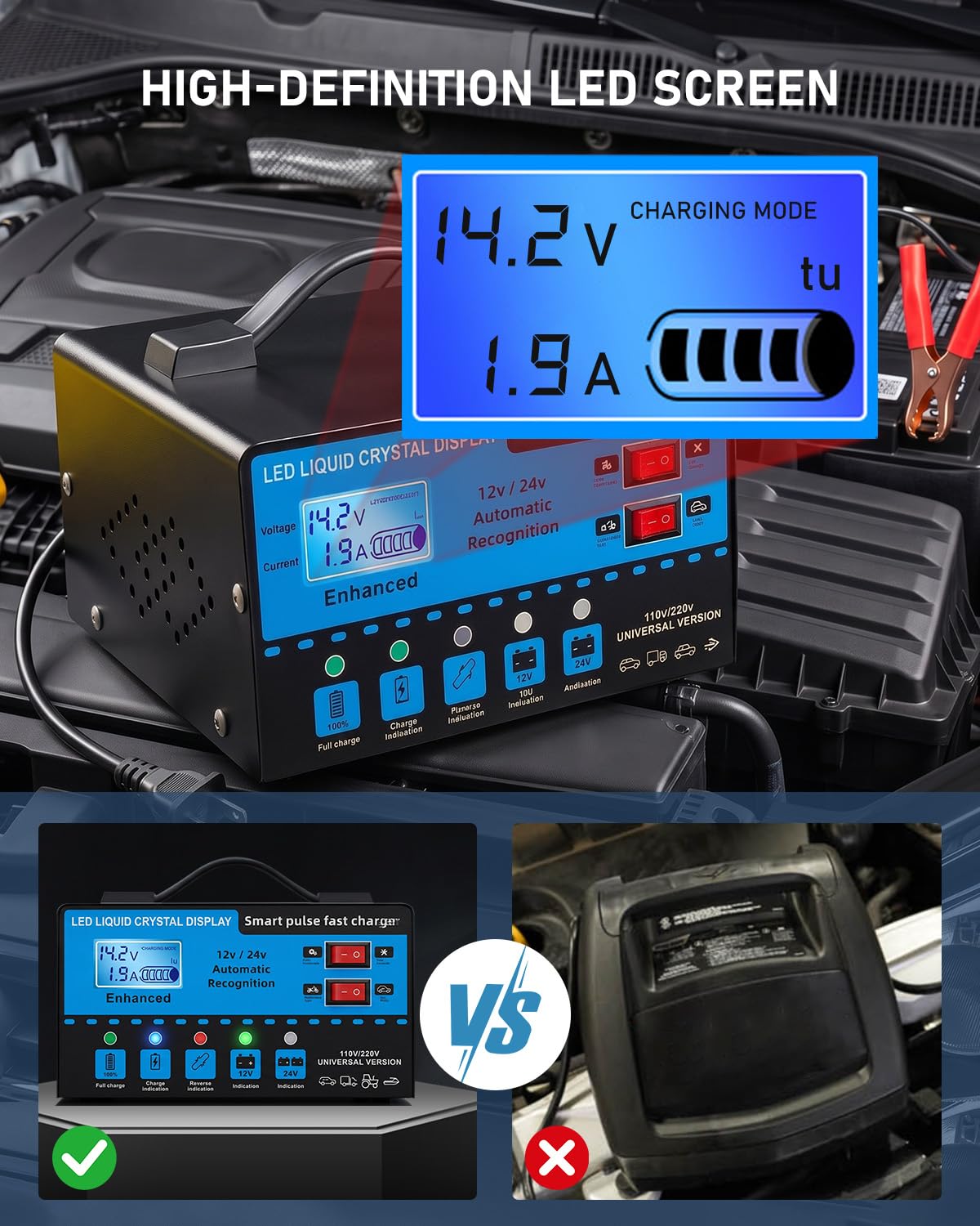 Caricabatteria da auto intelligente da 12 V/24 V con display LCD, mantenimento automatico della batteria e caricabatterie per trickle, compensazione della temperatura, protezione da sovraccarico per