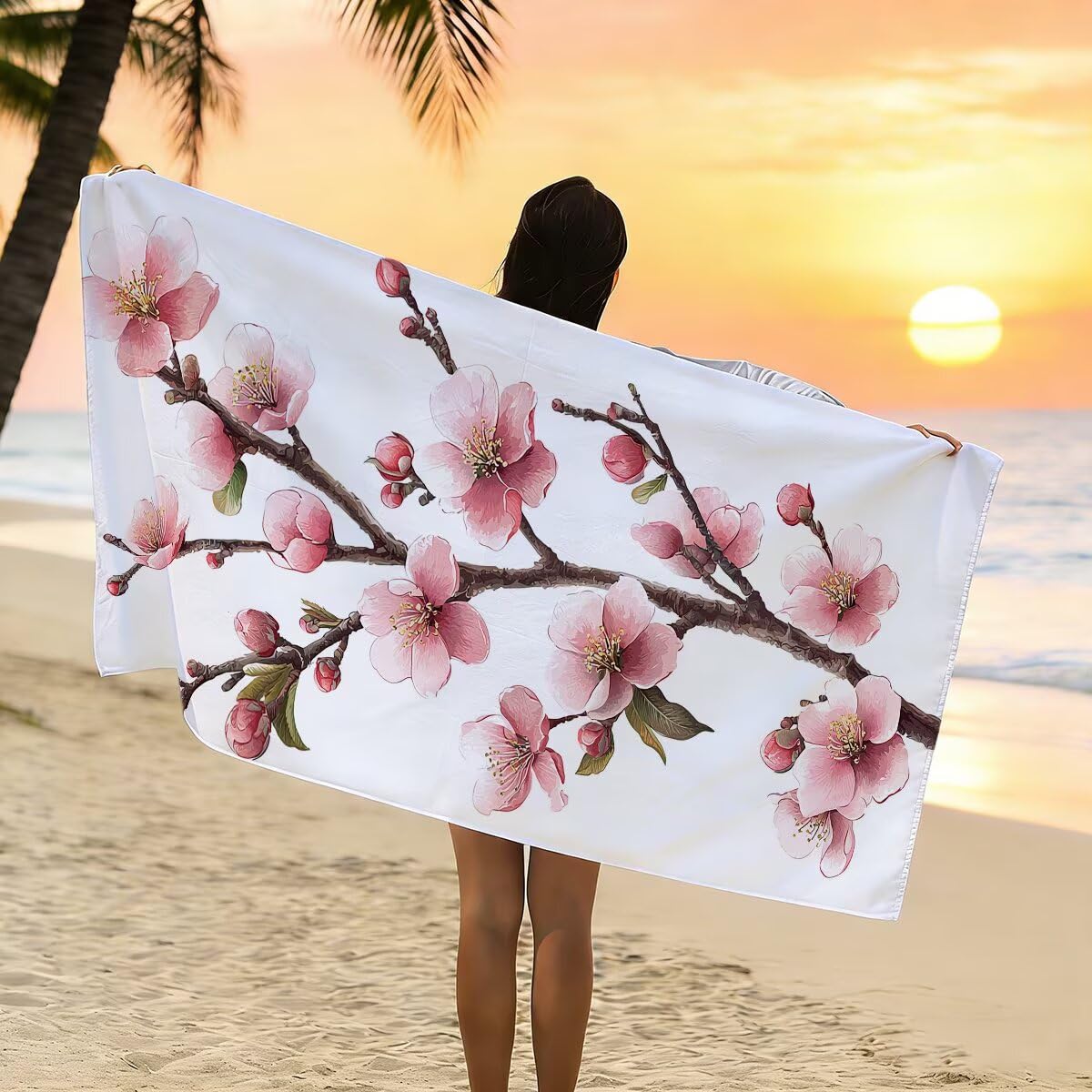 Ręcznik plażowy z mikrofibry, duży ręcznik kąpielowy 100 x 220 cm, zestaw 2 szt. szybkoschnących prześcieradeł kąpielowych w kwiaty, odporny na piasek ręczniki plażowe z mikrofibry do podróży