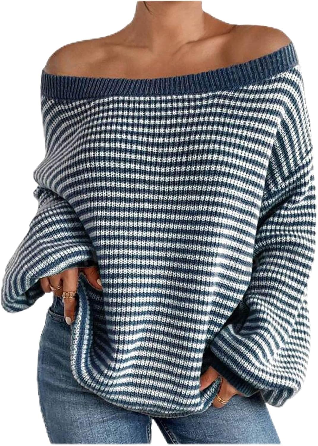 Women's Oversized Striped Sweater Casual Off The Shoulder Sweater Winter Long Sleeve Loose Knit Pullover Jumper Tops