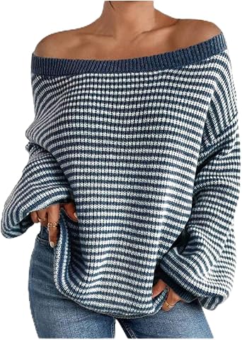 Dressy Sweaters for Women Oversized Crewneck Long Sleeve Knit Tops Off Shoulder Striped Loose Fitting Sweater