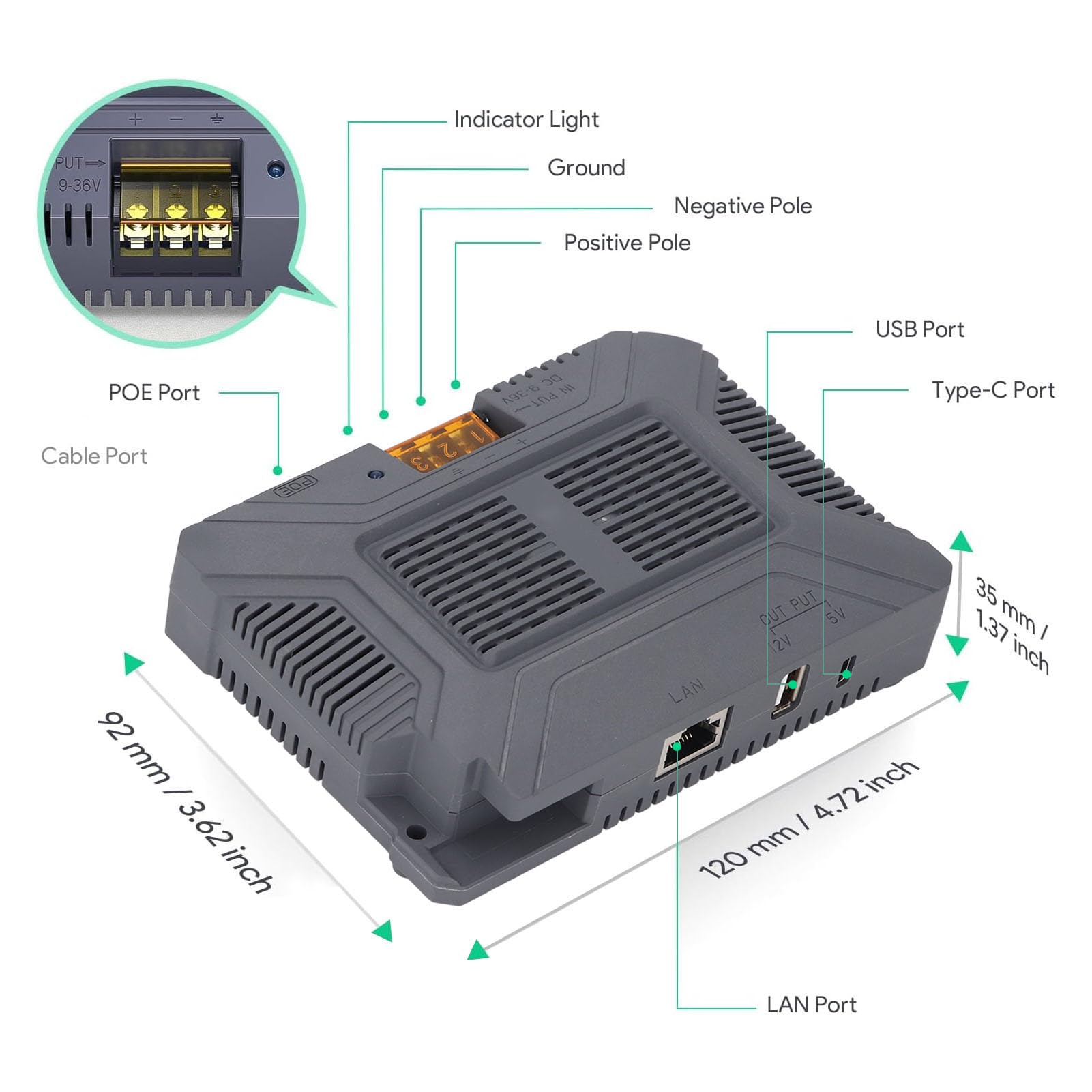 Eujgoov Injecteur Gige Poe 200W, Injecteur Poe Satellite Rectangulaire avec Switch Port Ethernet Gigabit Link TP Network Power Adaptateur