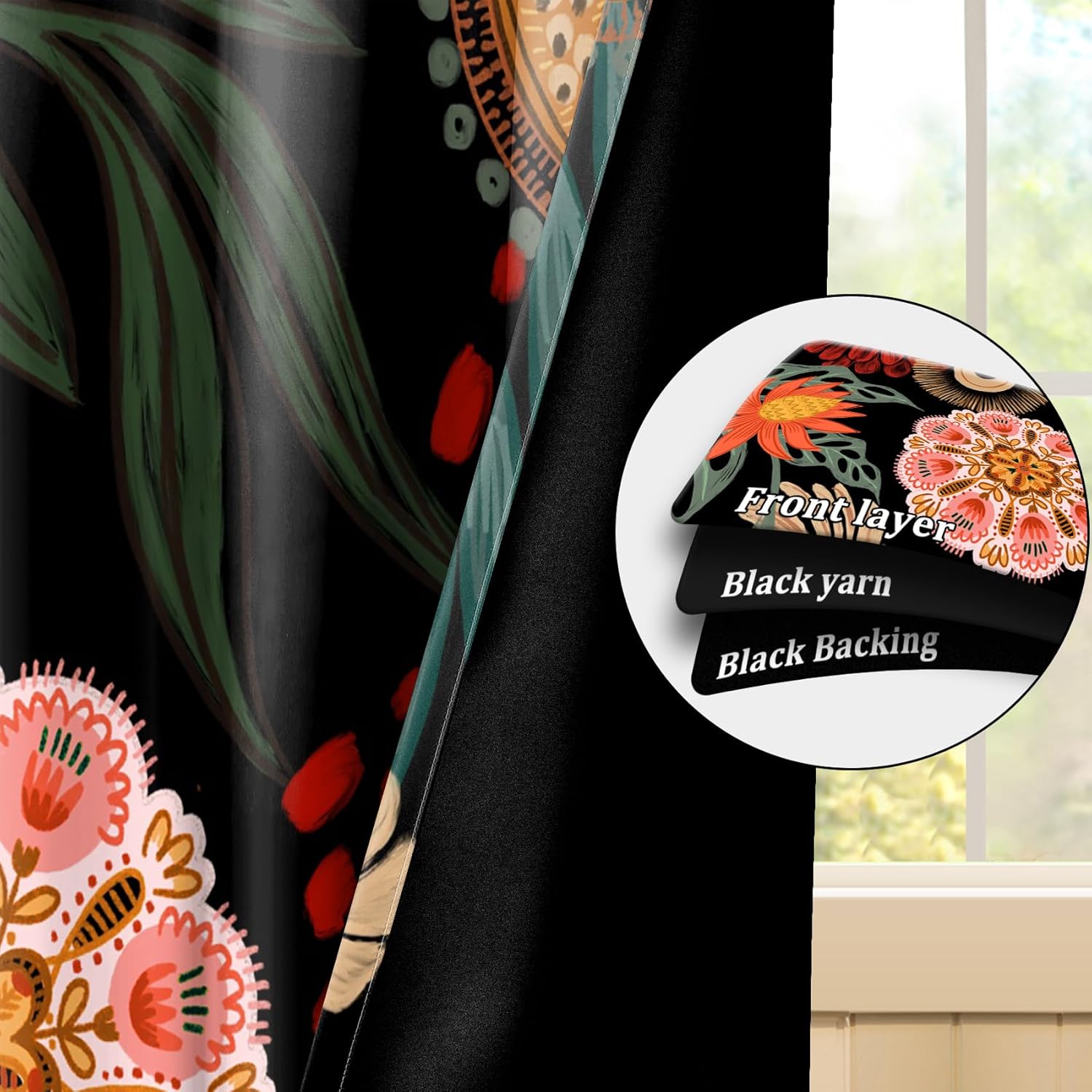 Renaiss 52 x 84 Inch Boho Floral Blackout Curtains for Living Room 84 inch Long Mid Century Botanical Black Out Curtains for Bedroom Grommet Thermal Insulated Room Darkening Window Drapes 2 Panels