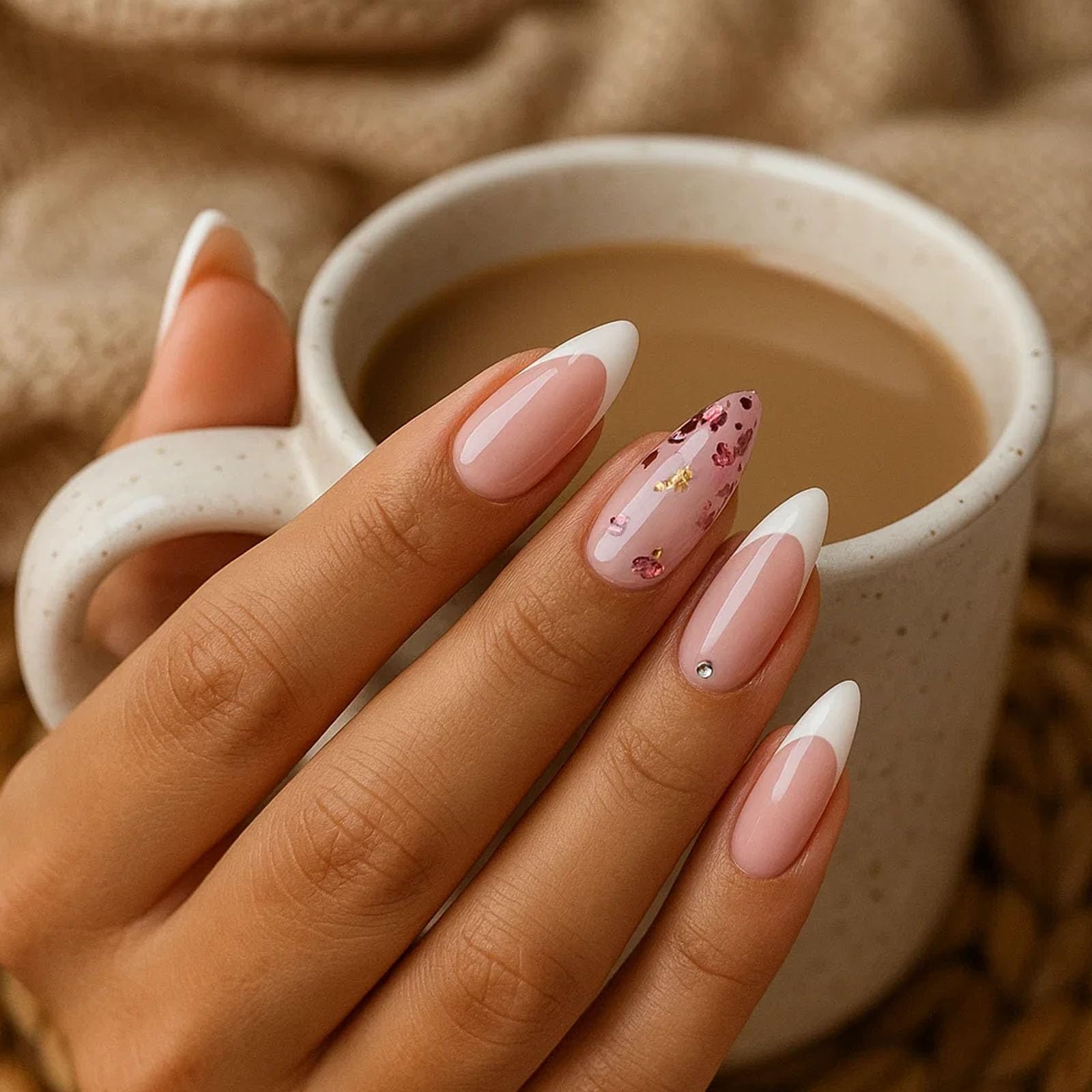 Almond-Shaped French Manicure Press-On Nails With Soft Pink Base & White Tips - Image 2