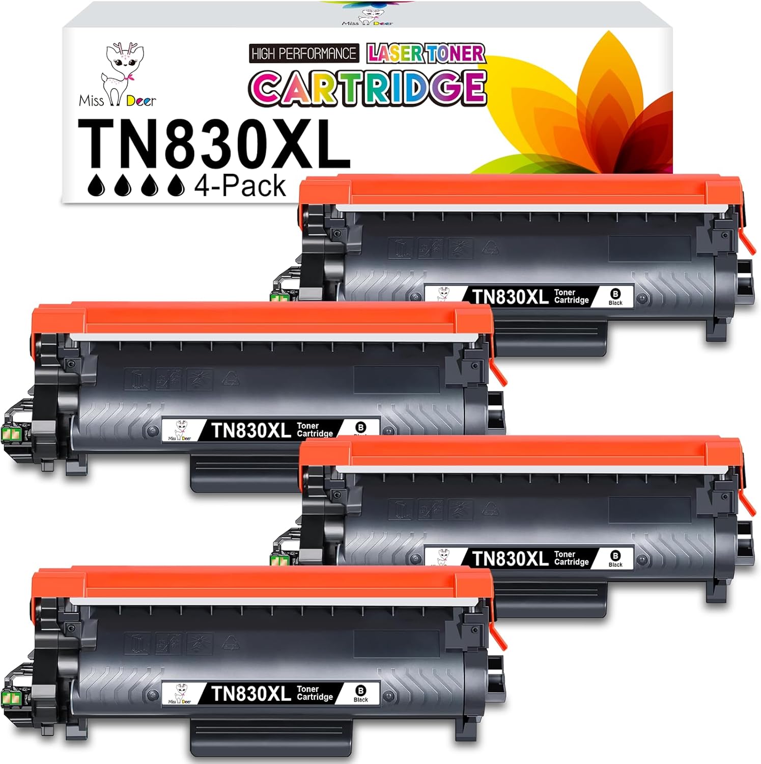 Miss Deer TN830XL Toner Cartridge, Compatible Replacement for Brother TN830 XL/V/R TN 830XL TN 830 for HL-L2460DW DCP-L2640DW HL-L2405W MFC-L2820DW MFC-L2900DW HL-L2480DW Printer High Yield (4 Black)