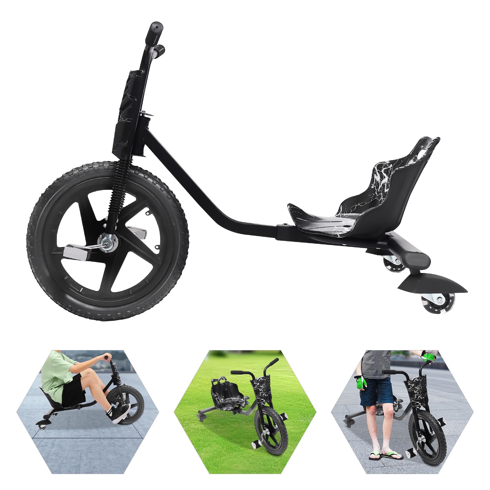 Drift Dreirad, 360° Drift Cart Kinder Scooter Tretauto Rutscher Kinderfahrzeug mit Pedale Verstellbarer Schalensitz Schwarzer Blitz ab 6 Jahren für Straße Spielplatz Hof Park Outdoor