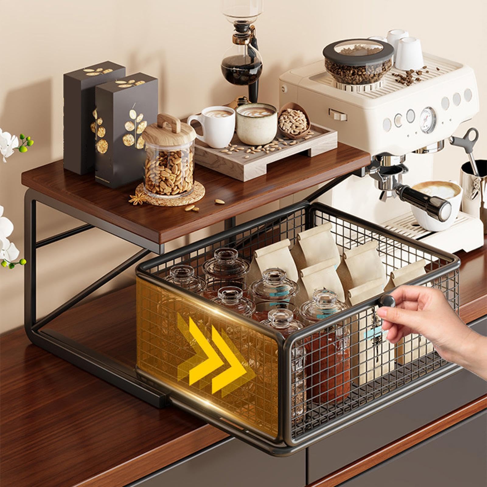 Ripiano Microonde da Banco Organizer 2 Ripiani Per Stampante E Macchina | Con Cassetto Supporto Microonde Da Banco per Cancelleria, Camera, Ufficio, Bustine Tè, Barattoli, Frutta, Verdura e