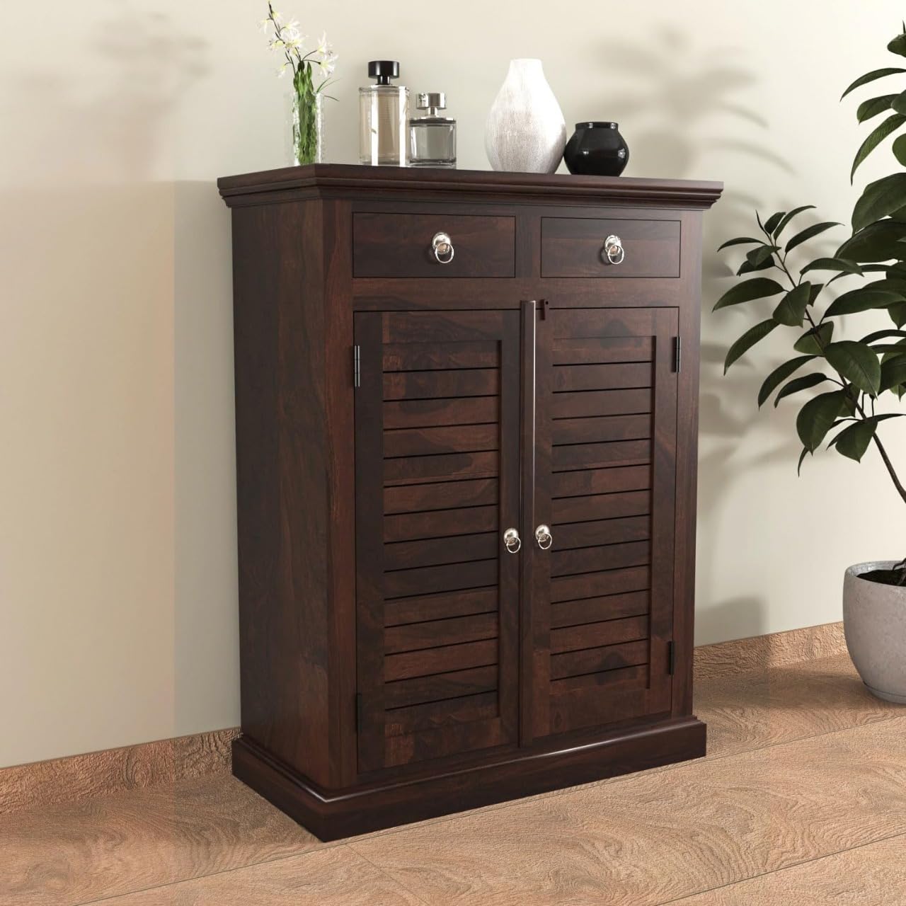 VK Furniture Solid Sheesham Wood Shoe Rack with 2 Drawers and 2 Door Cabinet Storage | Wooden Large Size Storage Organizer for Living Room, Entryway, Hall, Home, Office (Walnut Finish)-image-23