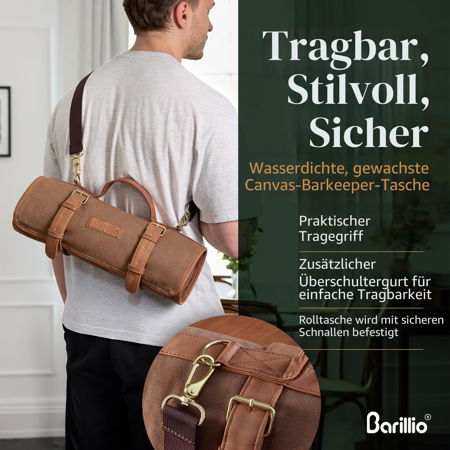 Barillio Barkeeper-Tasche, Reise-Barkeeper-Set, Tasche mit Bar-Werkzeugen, professionelles 17-teiliges Bar-Werkzeug-Set mit tragbarer, gewachster Canvas-Tasche inklusive Schultergurt für einfachen