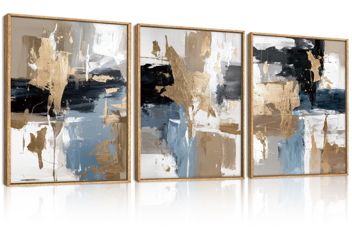 KAIRNE Blue and Gold Abstract Framed Canvas Wall Art Set,Minimalist Brush Strokes Wall Decor,Modern Textured Art Prints,Neutral Brown Black Artwork for Living Room,Bedroom,Farmhouse,Office-12 x16 x3