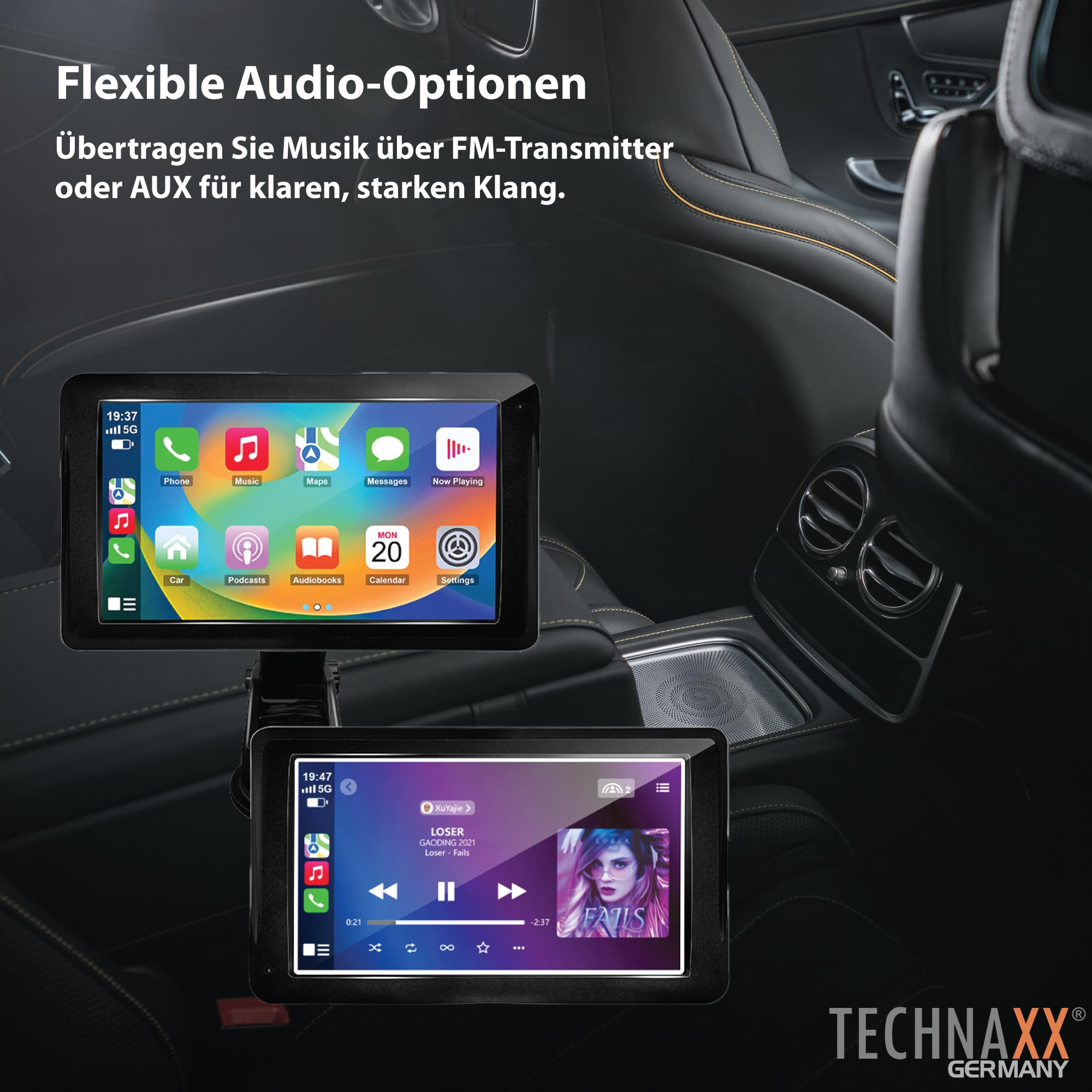 Technaxx Wireless Car Play & Android Auto Display 7" TX-320 mit Bluetooth 5.0, FM-Transmitter, AUX-Ausgang, eingebautem Lautsprecher, MicroSD-Steckplatz, Armaturenbrett-/Windschutzscheibenhalterung