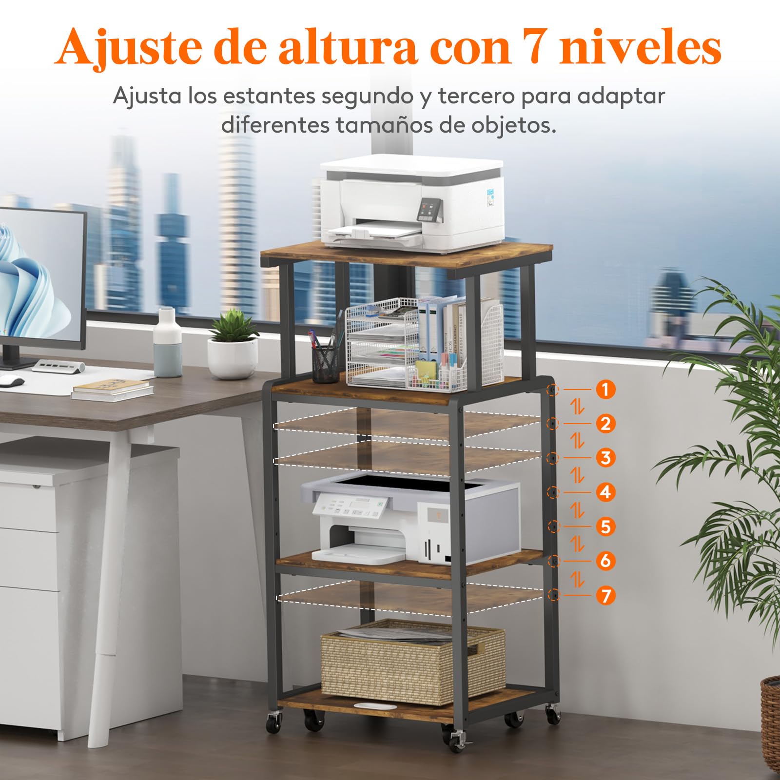 Lifewit Soporte para Impresora de 4 Niveles con Ruedas y Estante de Almacenamiento Ajustable para la Oficina en Casa, Carrito para Trituradora, Escáner, Marrón Rústico, 53x40x112cm