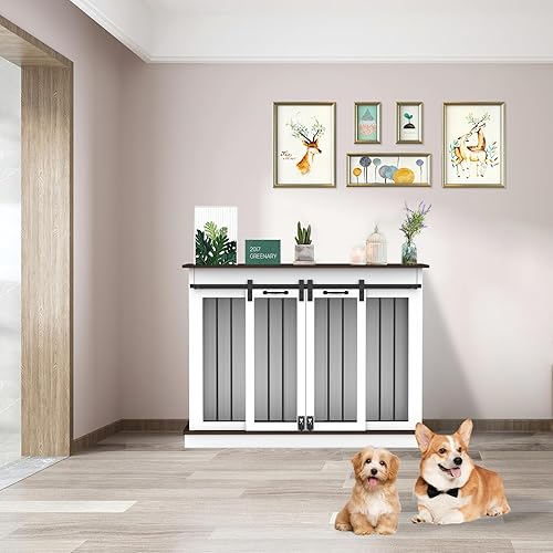 Miniatura 2 de RQZ Mueble doble para perros para 2 perros, mesa de madera resistente con 2 puertas correderas y divisor extraíble, perrera para perros medianos y