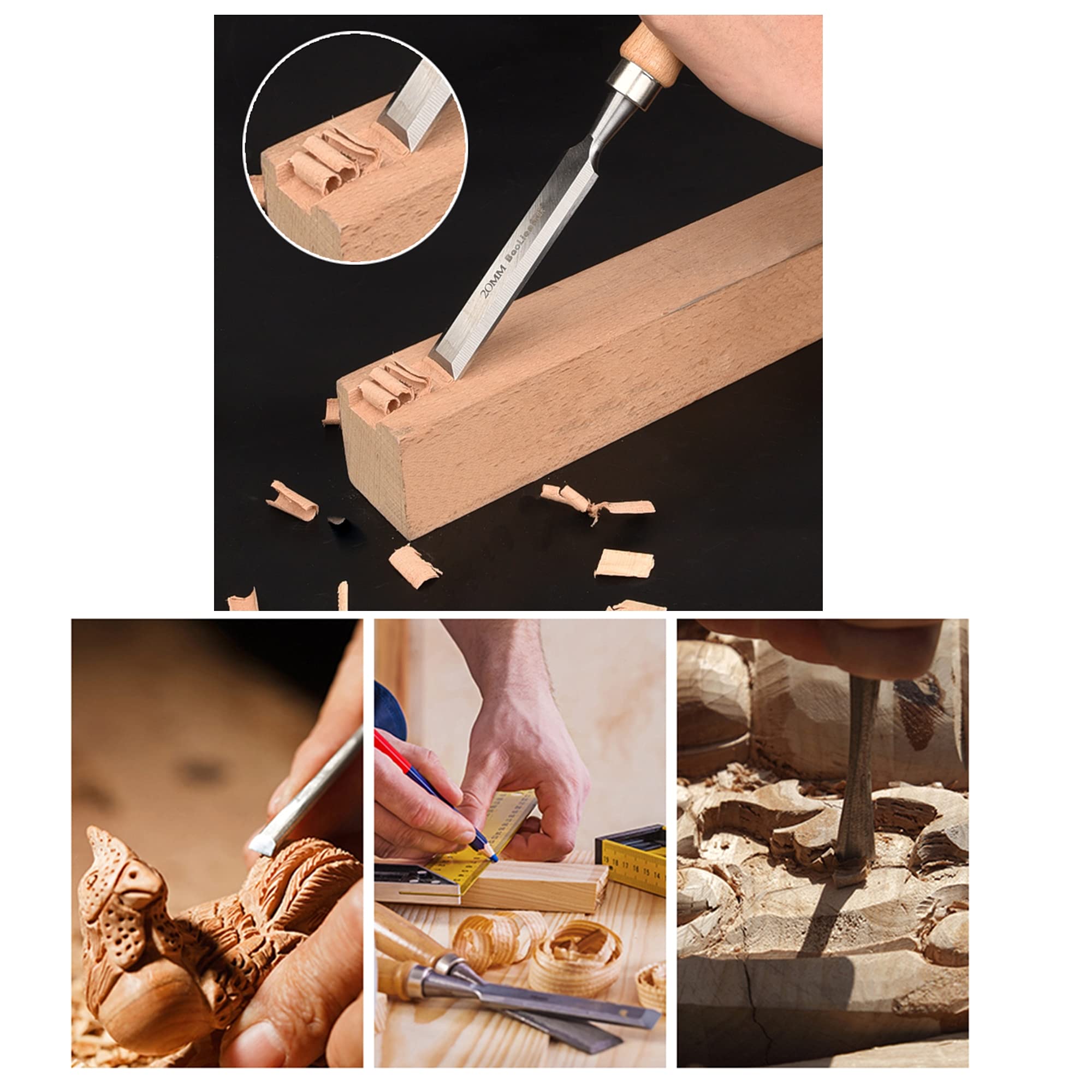 Formones Juego Cinceles Formones para Madera 8 Cinceles Profesionales Acero Cromo-Vanadio y Mango de Madera para Tallar Madera Carpintería Recortar Los Bordes