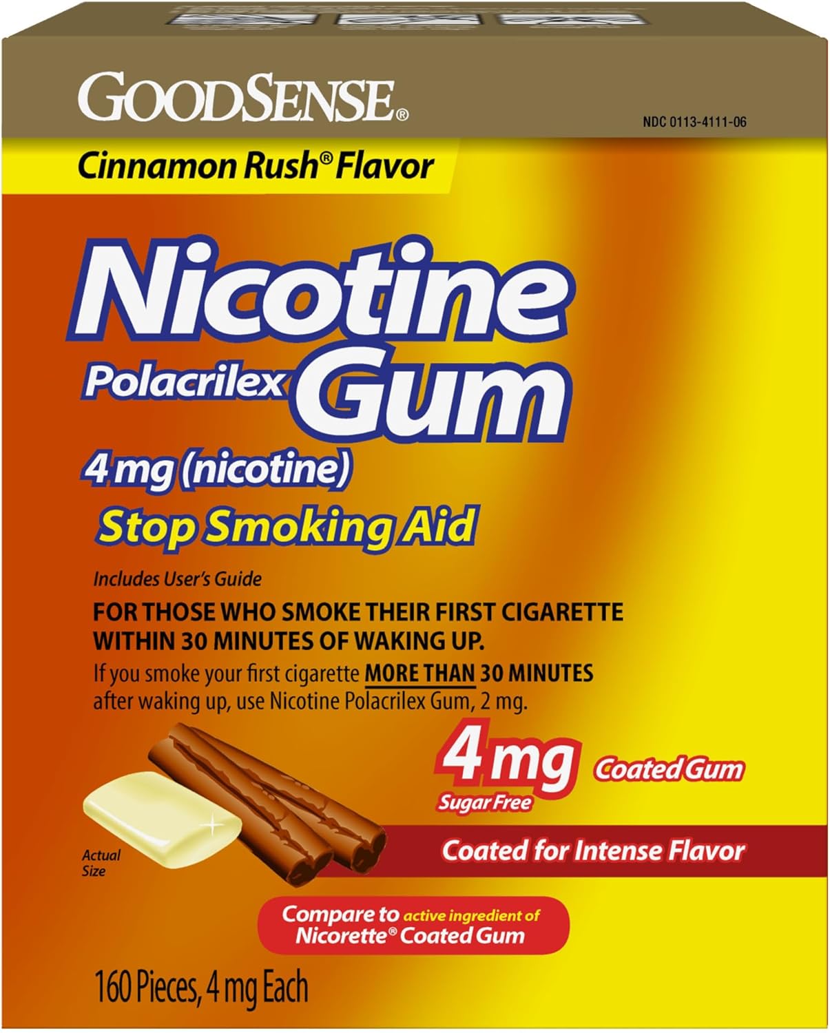 Coated Nicotine Polacrilex Gum, 4 mg, Soft Cinnamon Flavored, Sugar Free, Stop Smoking Aid