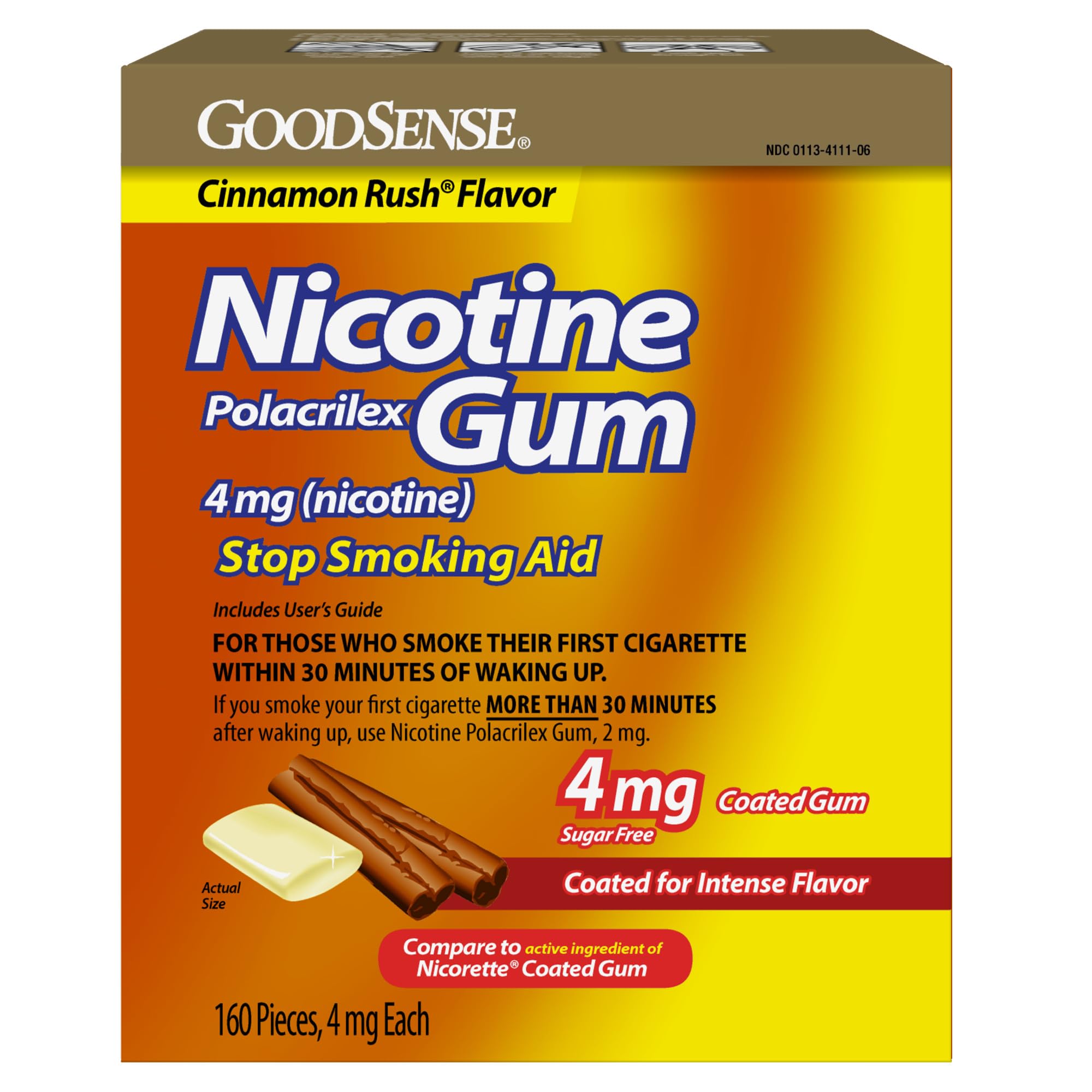 Coated Nicotine Polacrilex Gum, 4 mg, Soft Cinnamon Flavored, Sugar Free, Stop Smoking Aid