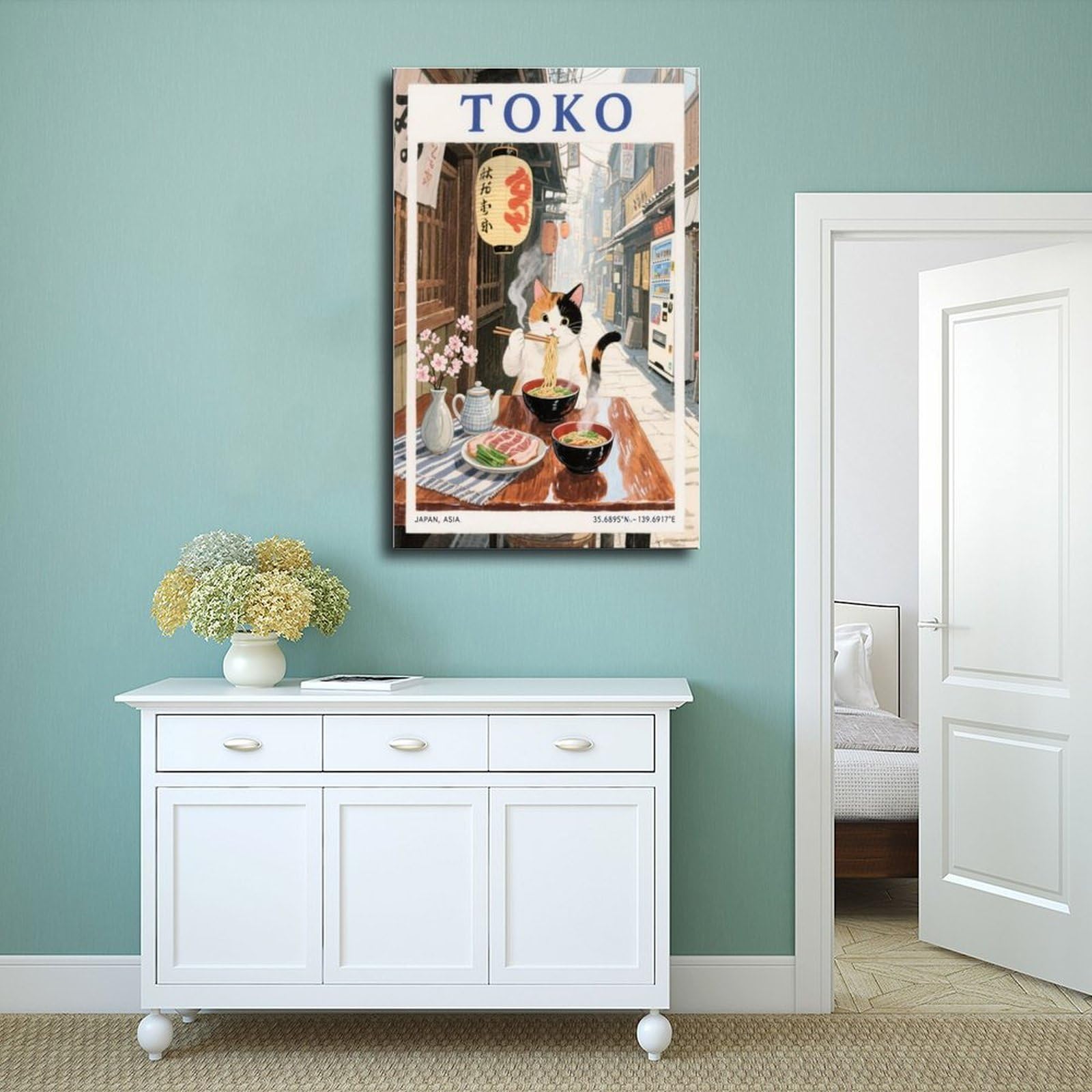 QIOTBVV Bedrucktes Poster mit Katze und Nudeln, Motiv: Tokio Straßenszene, Atmosphäre, Leinwand-Poster, Wandkunst, Dekor, Bild, Gemälde für Wohnzimmer, Schlafzimmer, Dekoration, 61 x 91,4 cm (L x B)