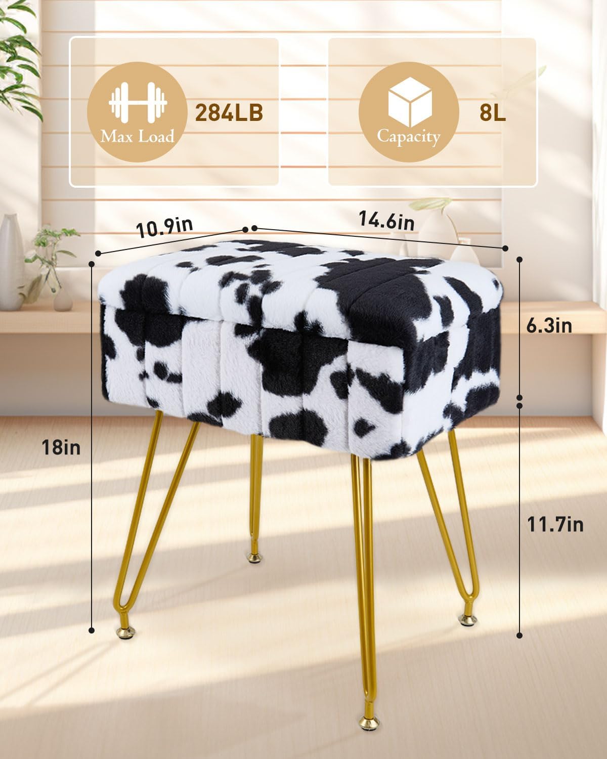Vanity Stool with Storage, Vanity Chair with Metal Legs, Multifunctional Faux Fur Makeup Stool Footrest for Living Room Bedroom,Cow