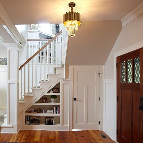 Miniatura 8 de Lámpara colgante de cristal dorado de 11 pulgadas, 4 luces de 3 niveles de lujo, lámpara colgante de cristal perfecta para comedor, dormitorio,