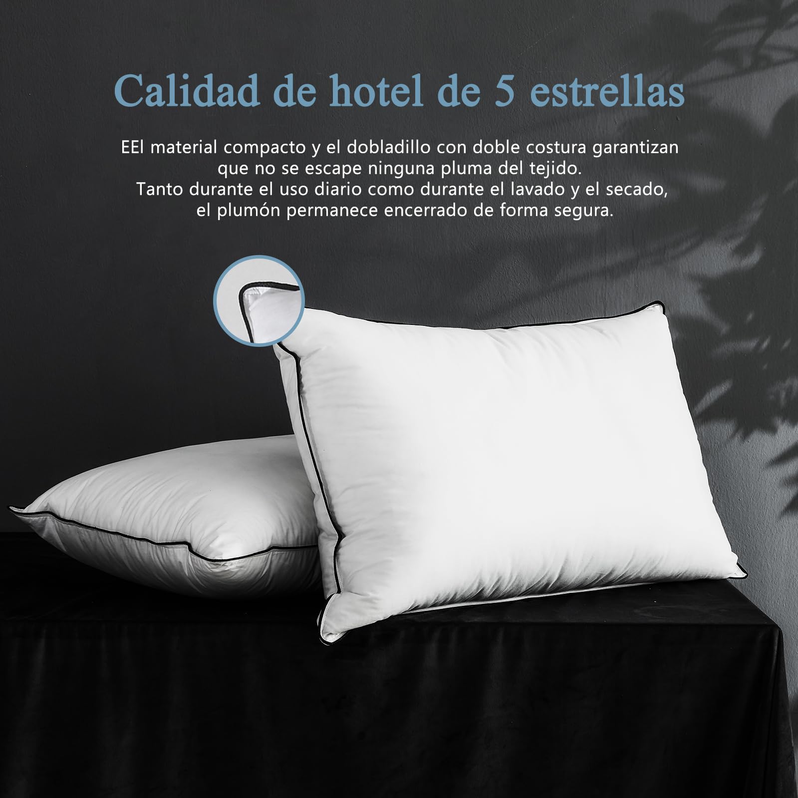Almohada de Plumón de Ganso 50x75 Pack 2, Plumón y Plumas Relleno rodeados de un Tejido 100% Algodon Organico, Almohadas de Hotel Lujo Ergonómica de 3 Cámaras, Cojin para Dormir