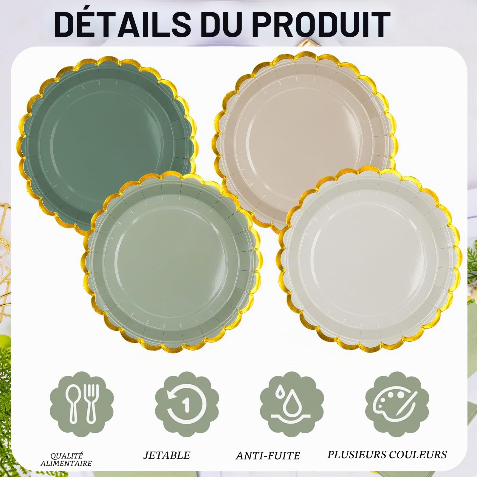Lot de 200 assiettes jetables en carton vert sauge de qualité supérieure - Assiettes festonnées - Assiettes de service en vrac pour anniversaire, jardin, thé, fête prénatale, mariage - 17,5 cm