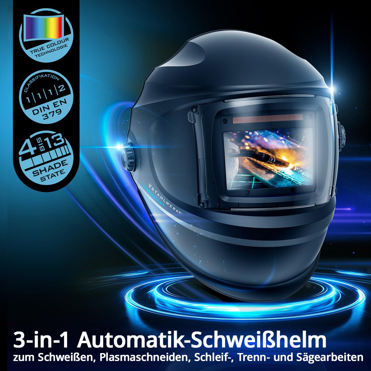 STAHLWERK Automatik-Schweißhelm 3-in-1 Bullet – Schweißerhelm mit True-Colour, automatische Abdunkelung DIN 4-13, optische Klasse 1/1/1/2, optimales Sichtfeld 100 x 60mm, Schweißschild, Schweißmaske