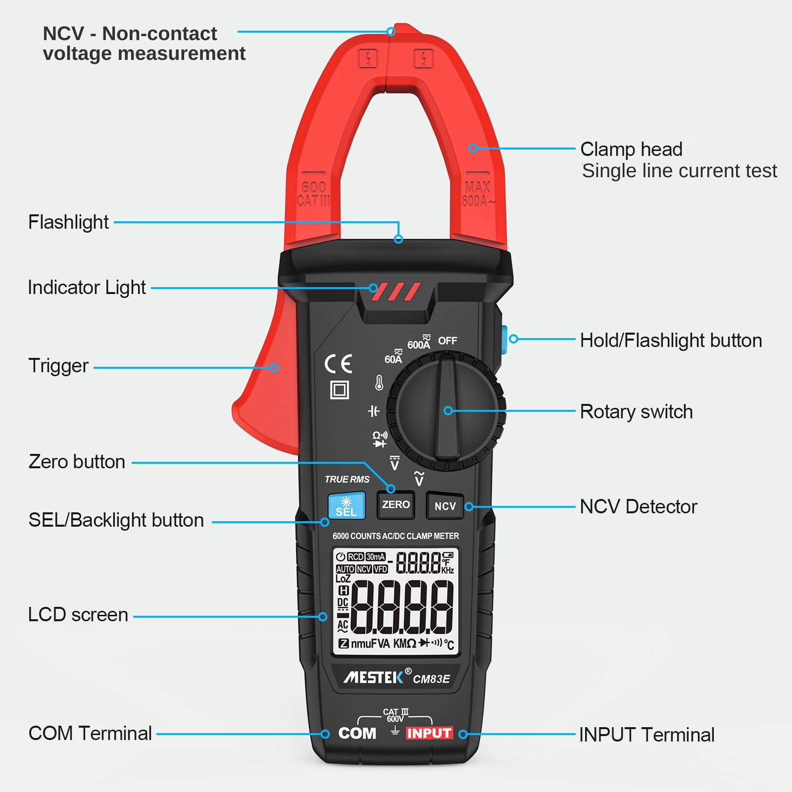 MESTEK Pince Ampèremétrique Numérique AC/DC, 600A Multimètre Automatique T-RMS 6000counts, Voltmètre Amperemetre Mesure Courant Tension Résistance Température Diode Continuité Hz Capacité NCV