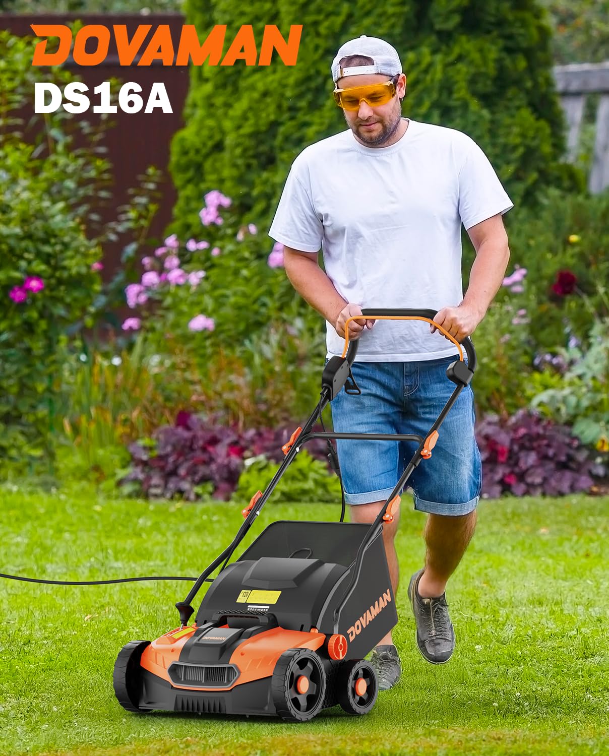 DOVAMAN DS16A 2 en 1 Escarificador y Aireador Eléctrico, 1500W, 40cm Ancho de Trabajo, 5 Ajustes de Profundidad, Diseño Plegable, Bolsa 45L, Altura Ajustable, Ligero, Ideal para Escarificar y Airear