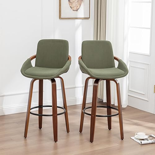Miniatura 5 de LUNLING Taburetes de bar de altura de barra de 29.5 pulgadas, sillas de bar retro modernas de mediados de siglo, tapizado de tela de pana verde y