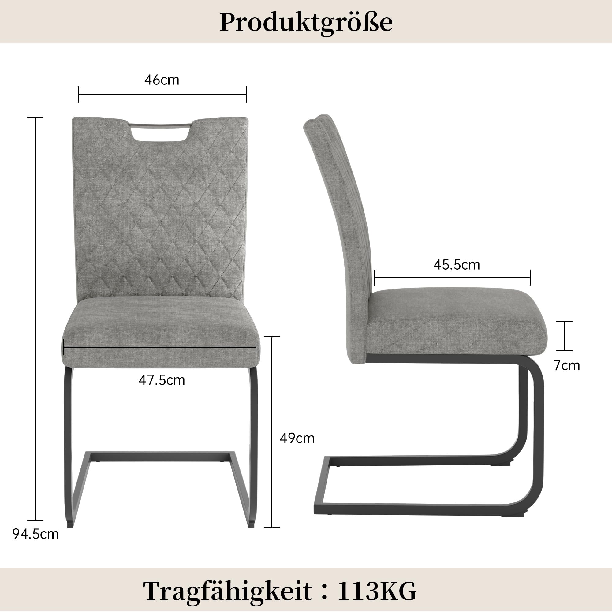 JIEXI Schwingstuhl Esszimmer 4er Set – Freischwinger Polsterstuhl mit extra dickem Sitzkissen, Stoffbezug Grau & gesteppter Rückenlehne, Metallkufen stabil, bis 113 kg (Hellgrau 4 Stühle)