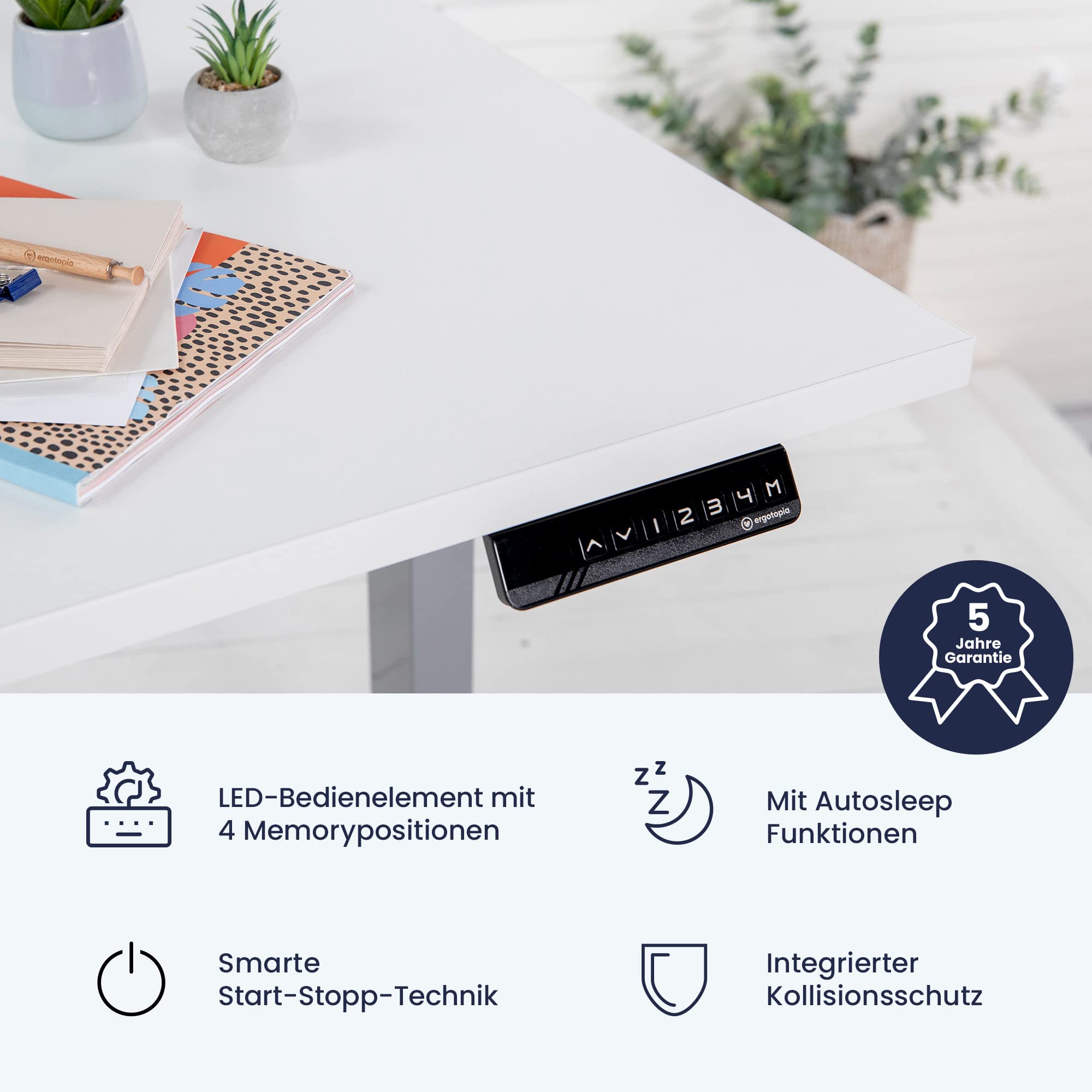 Ergotopia Desktopia Lite Elektrisch höhenverstellbarer Schreibtisch für Büro oder Home Office - 5 Jahre Garantie - ergonomischer Schreibtisch höhenverstellbar mit schwarzer Tischplatte (180 x 80 cm)