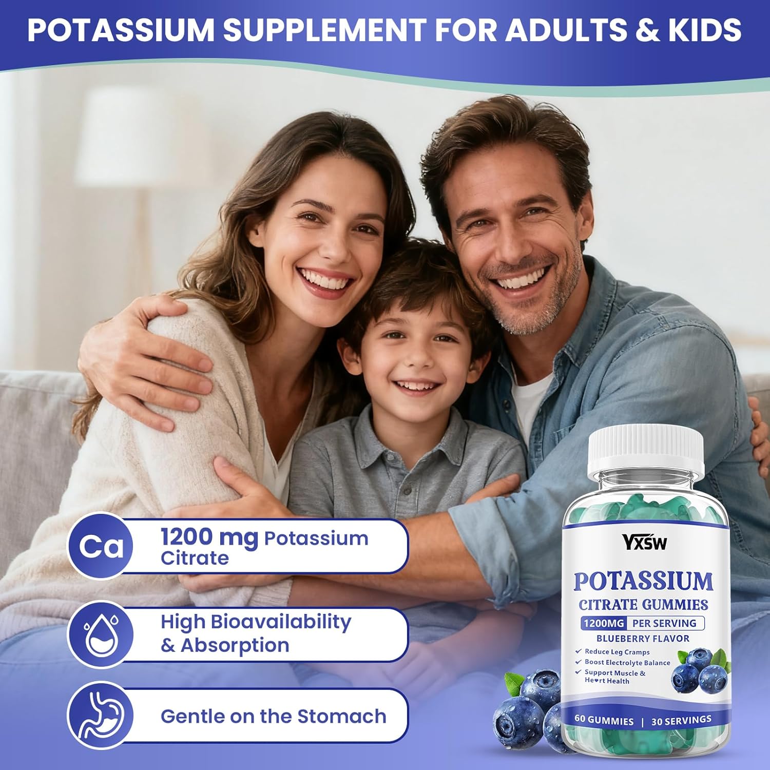 Potassium Citrate 1200mg Gummies for Adults Women & Men, Chewable Potassium Supplement for Reduce Leg Cramps & Muscle Health, Sugar Free, Blueberry Flavor, 60 Count - Image 4